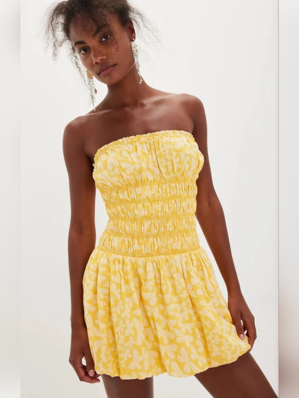 NWT Free People Annalise Mini Dress - Bubble Hem Yellow Floral Size SMALL
